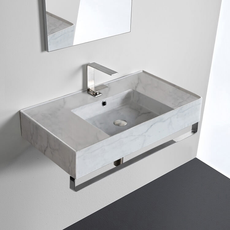 Scarabeo 5123-F-TB-One Hole Marble Design Ceramic Wall Mounted Sink With Counter Space, Towel Bar Included